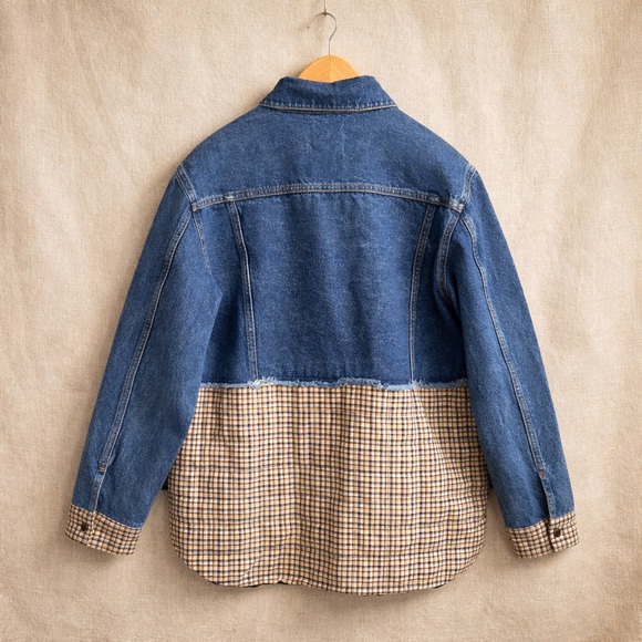 SANDRO PARIS Denim Plaid Hybrid Jacket Cropped  Shacket Trucker Coat Overshoot - Picture 3 of 12